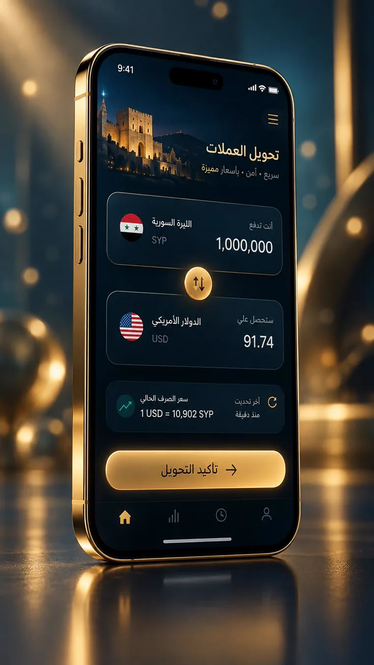 هاتف فاخر يعرض مبدّل العملة بين الليرة السورية والدولار في تطبيق شام كاش